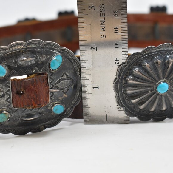VINTAGE NAVAJO OLD PAWN 1ST PHASE COIN SILVER NAT TURQUOISE CONCHO BELT 1930-50 - Picture 10 of 15
